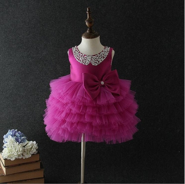 Sequins collars children girls cake dress kids formal wedding ball gown xmas and new year tutu dress with bows on the waist