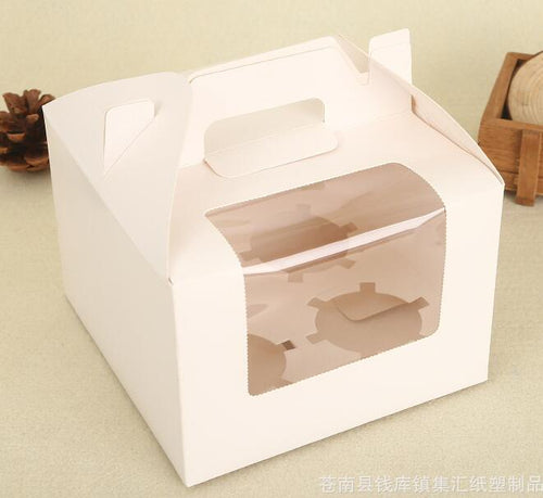 wholesale Paper Cupcake Box With Window 4 Holes Cake Muffin Packing Boxes Wedding Birthday Pastry Gift Holder handle