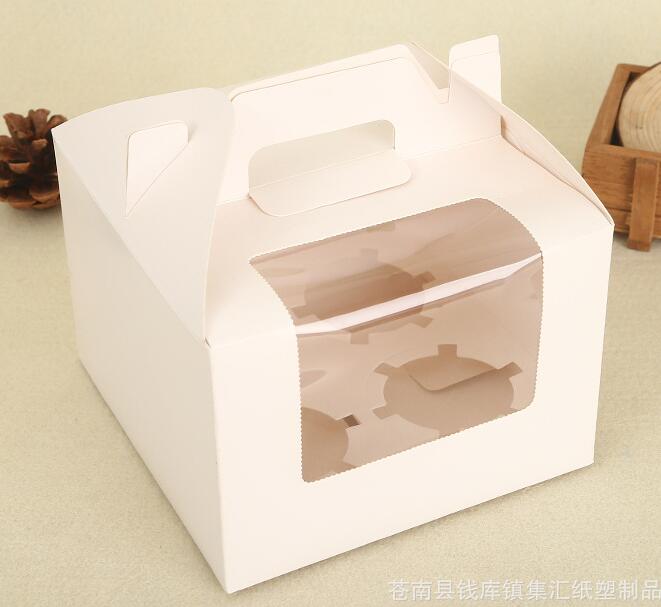 wholesale Paper Cupcake Box With Window 4 Holes Cake Muffin Packing Boxes Wedding Birthday Pastry Gift Holder handle