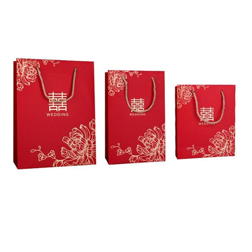 100pcs/lot Chinese style Red Double Happiness Paper gift bags for Wedding Packaging Bag with Handle Party Favors