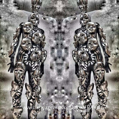 Silver Color Catwalk Show Stage Wear Ballroom Costume Mirror Skull Clothes Performance DS Mirror Dance Suit Mirror Mask Headwear
